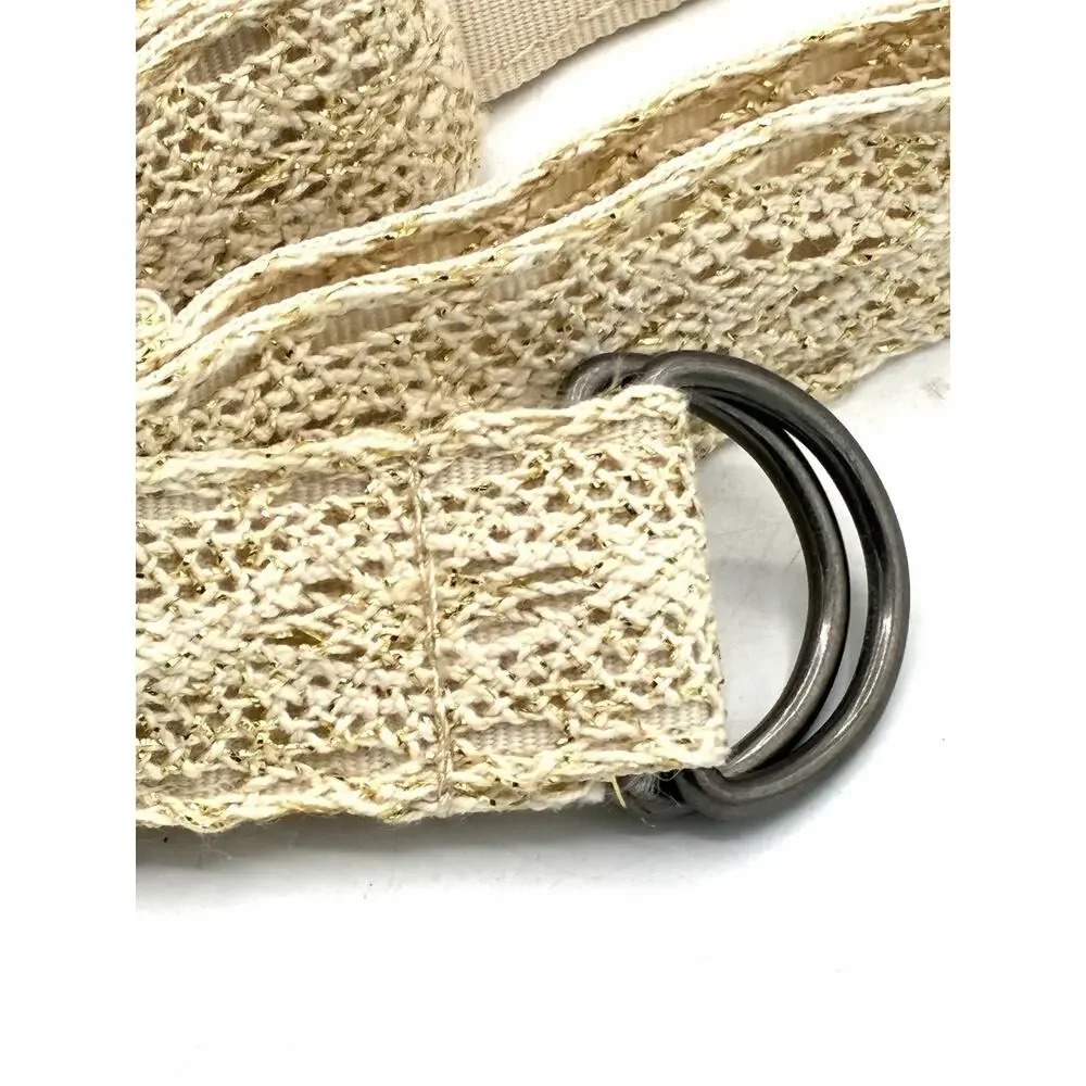 Size 14 Cream Gold Woven Fabric D Ring Belt Metallic Boho Waist Belt